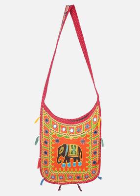 Banjara India Elephant Design Kutchi Mirrorwork Hand Embroidered Shoulder Bag (BAG-RedOrange) 1
