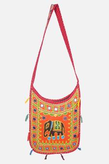Banjara India Elephant Design Kutchi Mirrorwork Hand Embroidered Shoulder Bag (BAG-RedOrange)
