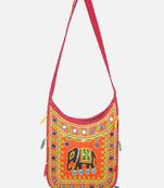 Banjara India Elephant Design Kutchi Mirrorwork Hand Embroidered Shoulder Bag (BAG-RedOrange)
