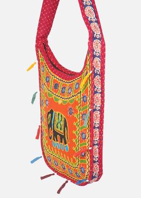 Banjara India Elephant Design Kutchi Mirrorwork Hand Embroidered Shoulder Bag (BAG-RedOrange) 2