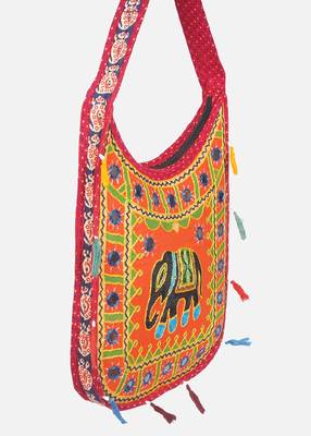 Banjara India Elephant Design Kutchi Mirrorwork Hand Embroidered Shoulder Bag (BAG-RedOrange) 3