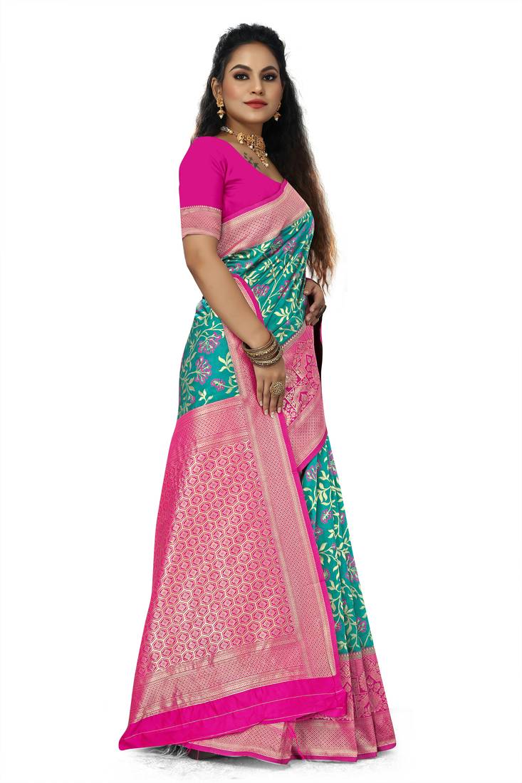 Teal woven banarasi saree with blouse