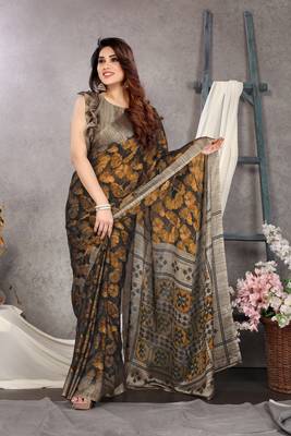 Black Printed Chiffon Saree With Blouse 2