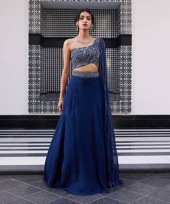 Blue Organza Thread Work One-Shoulder Lehenga  1