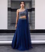 Blue Organza Thread Work One-Shoulder Lehenga 