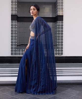 Blue Organza Thread Work One-Shoulder Lehenga  2