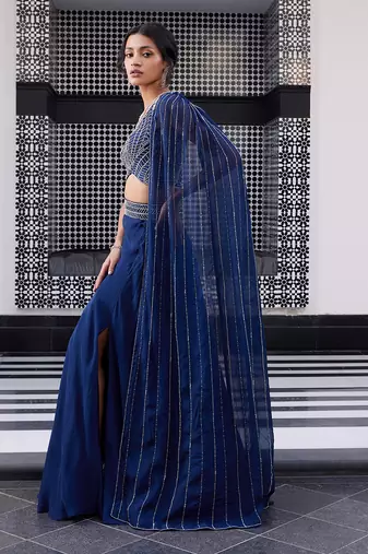 Blue Organza Thread Work One-Shoulder Lehenga 
