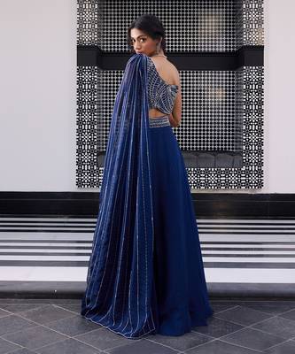 Blue Organza Thread Work One-Shoulder Lehenga  3