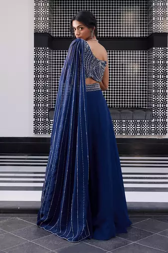 Blue Organza Thread Work One-Shoulder Lehenga 