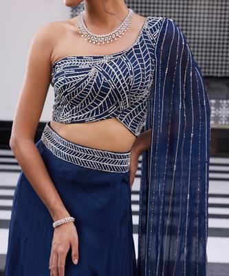Blue Organza Thread Work One-Shoulder Lehenga  4