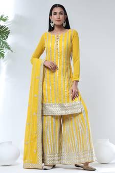 Yellow Embroidered Chinnon  Straight Palazzo Suit Free size full stitched Up To 42" Size