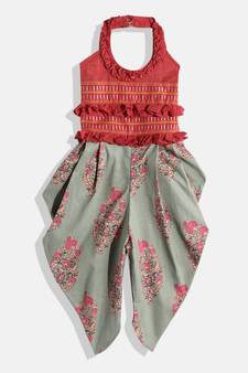 Twisha Girls Printed frill halter neck Jumpsuit -Pink-Yellow