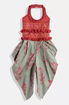 Twisha Girls Printed frill halter neck Jumpsuit -Pink-Yellow