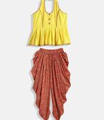 Twisha Girls Knitted halter neck top with printed Dhoti-Yellow