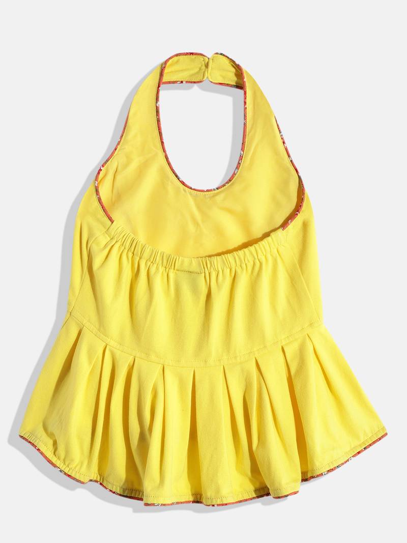 Twisha Girls Knitted halter neck top with printed Dhoti-Yellow