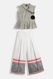 Twisha Girls Peplum Top with Border Hem Palazzo-White And Grey