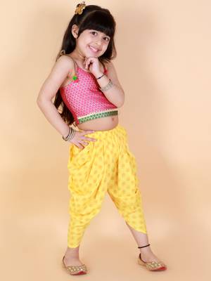 Twisha Girls Brocade top with  printed Dhoti-Pink And Yellow 1