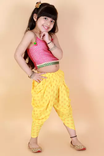 Twisha Girls Brocade top with  printed Dhoti-Pink And Yellow