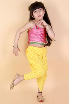 Twisha Girls Brocade top with  printed Dhoti-Pink And Yellow