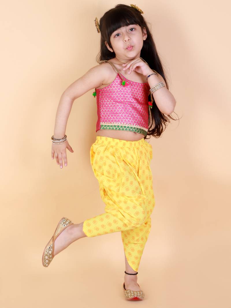 Twisha Girls Brocade top with  printed Dhoti-Pink And Yellow