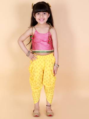 Twisha Girls Brocade top with  printed Dhoti-Pink And Yellow 4