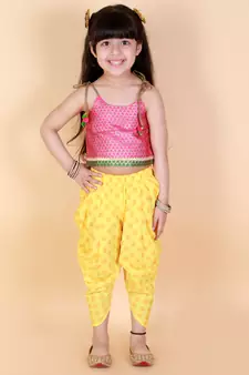 Twisha Girls Brocade top with  printed Dhoti-Pink And Yellow