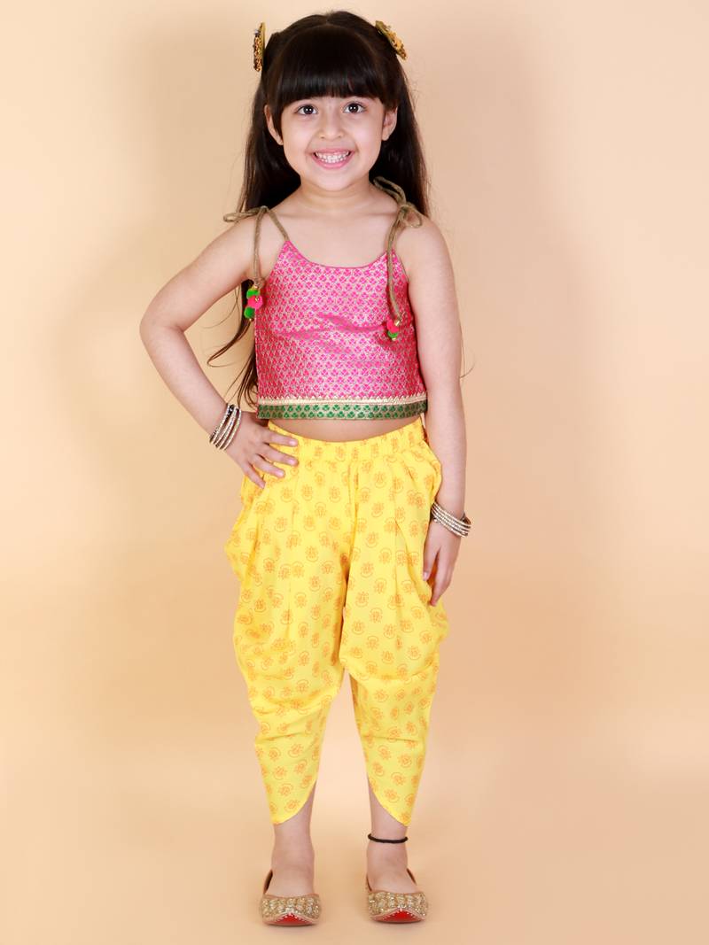 Twisha Girls Brocade top with  printed Dhoti-Pink And Yellow