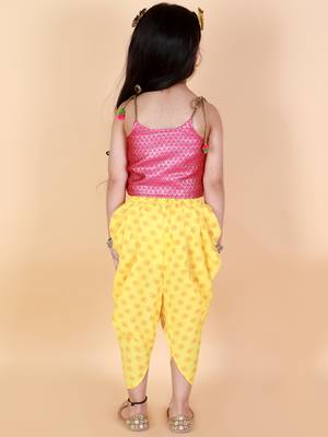 Twisha Girls Brocade top with  printed Dhoti-Pink And Yellow 5