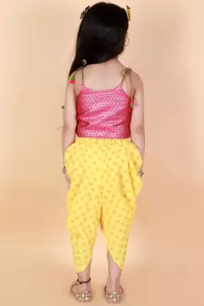 Twisha Girls Brocade top with  printed Dhoti-Pink And Yellow