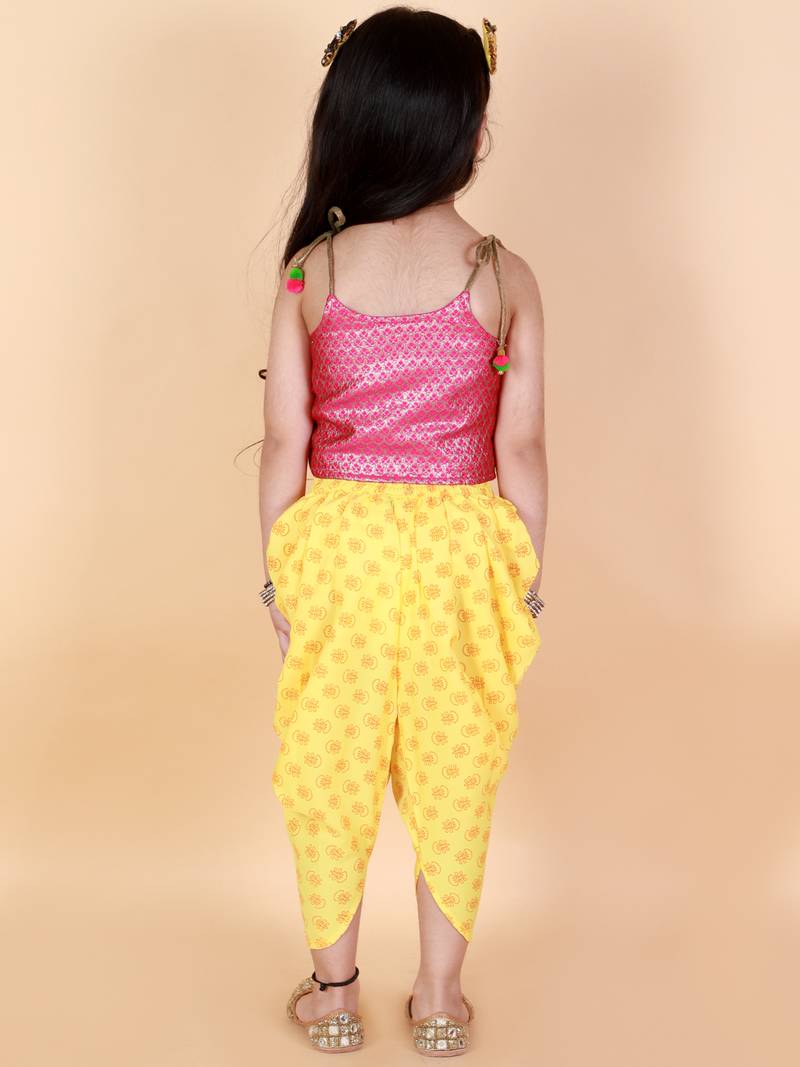 Twisha Girls Brocade top with  printed Dhoti-Pink And Yellow