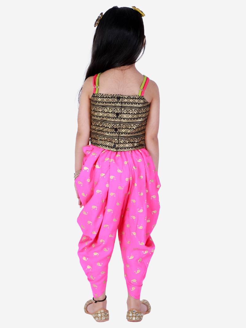 Twisha Girls Embroidered top with  Dolphin printed Dhoti-Black And Pink