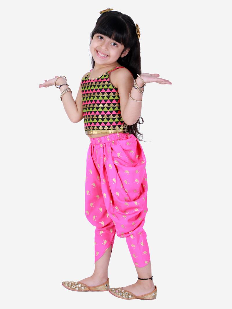 Twisha Girls Embroidered top with  Dolphin printed Dhoti-Black And Pink