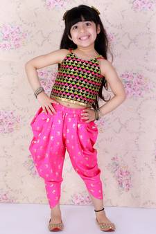 Twisha Girls Embroidered top with  Dolphin printed Dhoti-Black And Pink