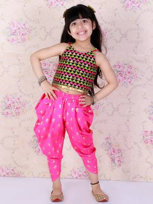 Twisha Girls Embroidered top with  Dolphin printed Dhoti-Black And Pink 1
