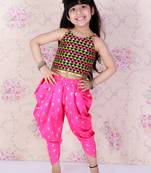 Twisha Girls Embroidered top with  Dolphin printed Dhoti-Black And Pink