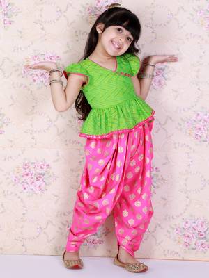 Twisha Girls chevron design top with printed dhoti-Green And Pink 1