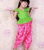 Twisha Girls chevron design top with printed dhoti-Green And Pink