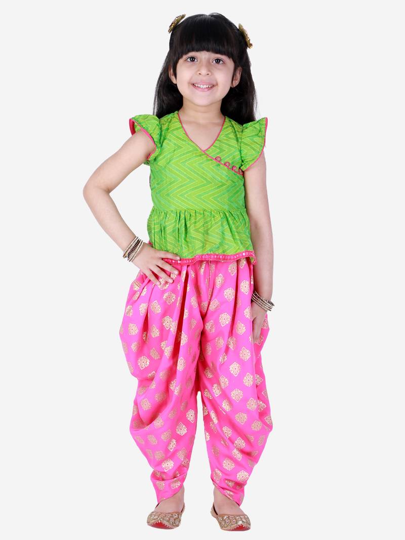 Twisha Girls chevron design top with printed dhoti-Green And Pink