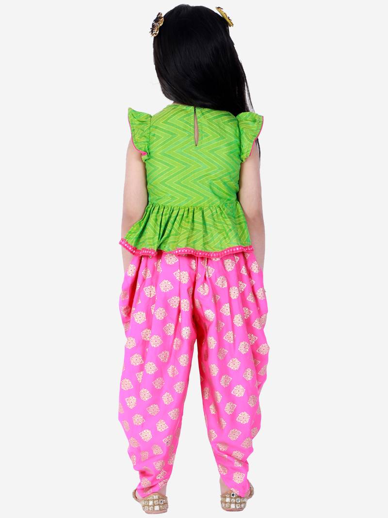 Twisha Girls chevron design top with printed dhoti-Green And Pink