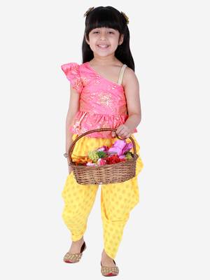 Twisha Asymmetric neck Top with printed Dhoti-Coral and Yellow 1