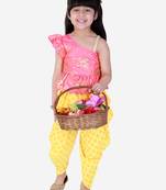 Twisha Asymmetric neck Top with printed Dhoti-Coral and Yellow