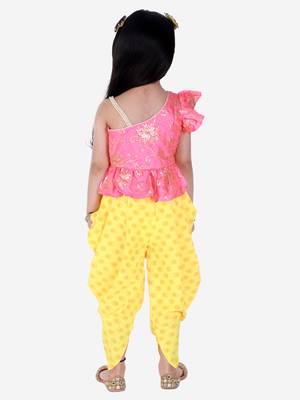 Twisha Asymmetric neck Top with printed Dhoti-Coral and Yellow 2