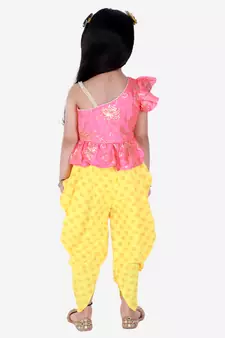 Twisha Asymmetric neck Top with printed Dhoti-Coral and Yellow