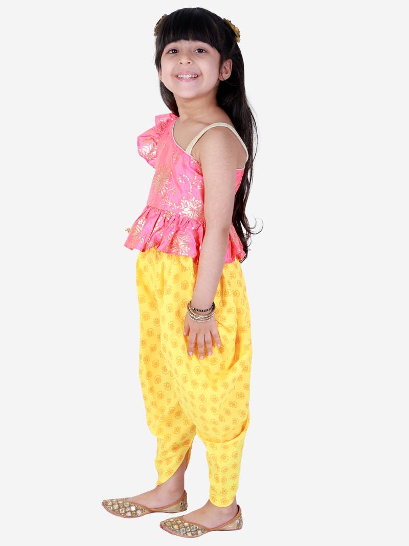 Twisha Asymmetric neck Top with printed Dhoti-Coral and Yellow