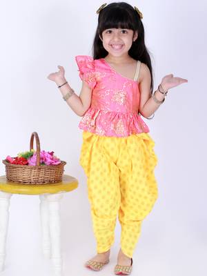 Twisha Asymmetric neck Top with printed Dhoti-Coral and Yellow 5