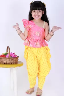 Twisha Asymmetric neck Top with printed Dhoti-Coral and Yellow