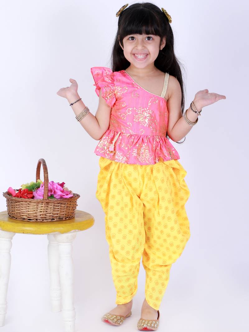 Twisha Asymmetric neck Top with printed Dhoti-Coral and Yellow