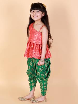 Twisha  Asymmetric Elephant design top with Dhoti -Red-Green 1