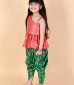 Twisha  Asymmetric Elephant design top with Dhoti -Red-Green