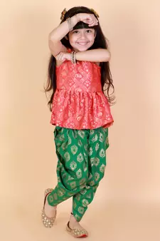 Twisha  Asymmetric Elephant design top with Dhoti -Red-Green